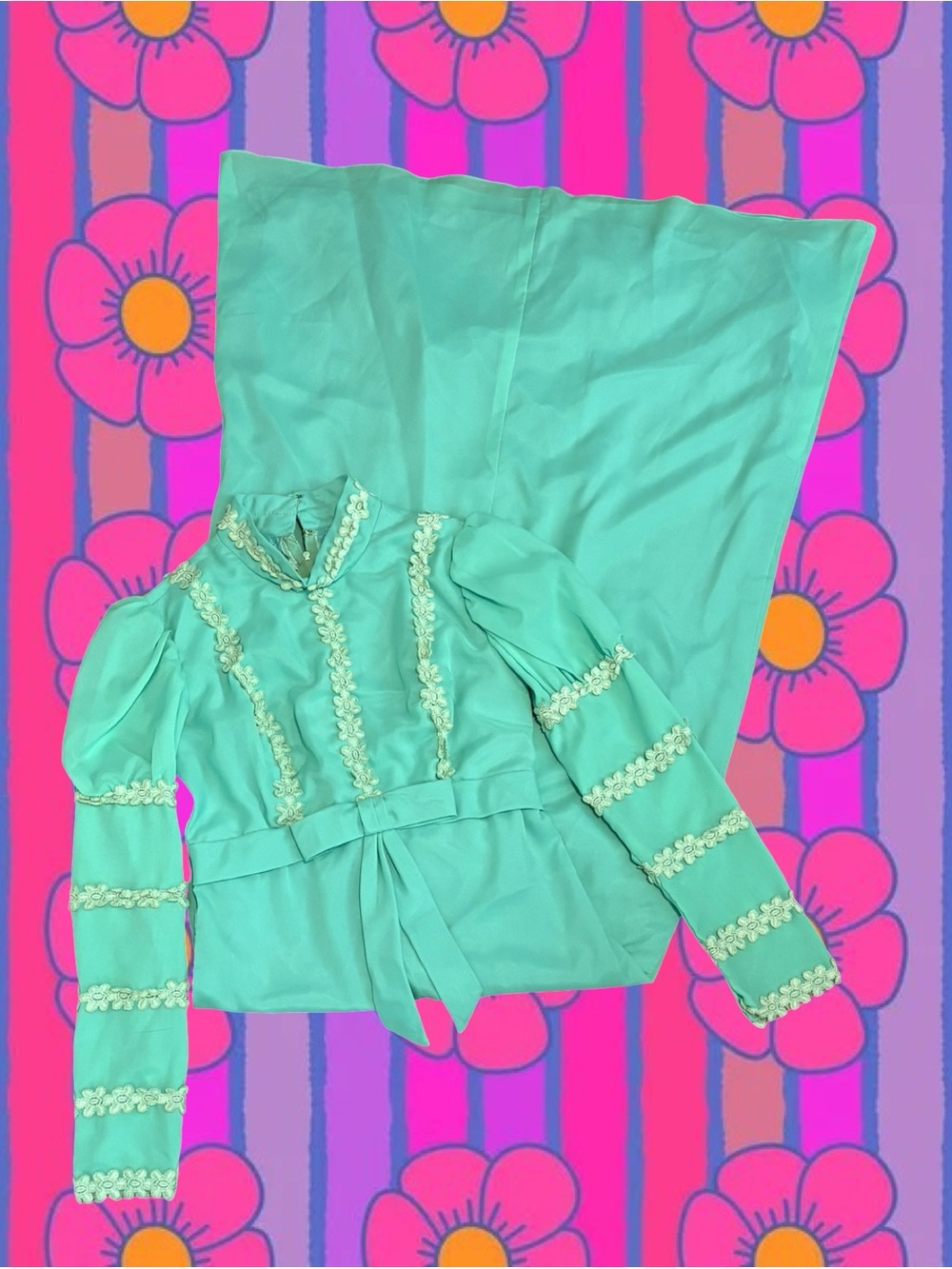 Vintage Seafoam Green Maxi Dress with Embroidered Trim and Puff Sleeves